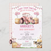 Pink Tractor Anniversaire Fête Invitation Thème de (Devant / Derrière)