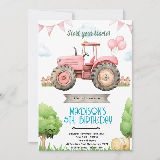 Pink tractor birthday party invitation (Devant)