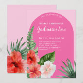 Pink Tropical Floral Graduation Party uitnodiging (Voorkant / Achterkant)