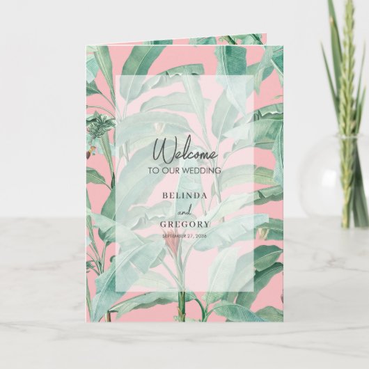 Pink Tropical Palm Leaves Bruiloft Order of Servic Programma (Voorkant)