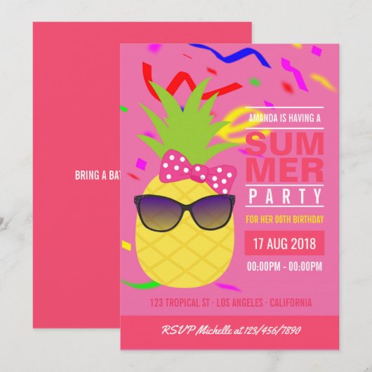 Pink Tropical Summer Girl Anniversaire Invitation (Devant / Derrière)