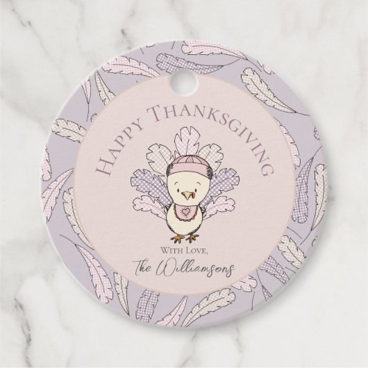 Pink Turkey & Feathers Happy Thanksgiving Gift Lab Bedankjes Labels (Voorkant)