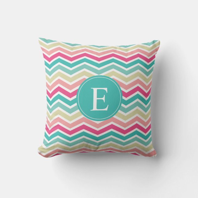 Pink Turquoise Chevron Monogram Buitenkussen (Voorkant)