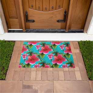 Pink Turquoise Hawaiian Hibiscus Flowers Patroon Deurmat