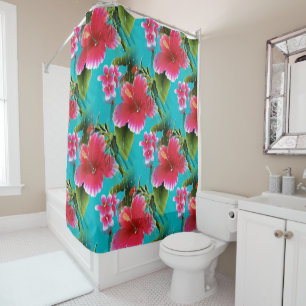 Pink Turquoise Hawaiian Hibiscus Flowers Patroon Douchegordijn