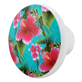 Pink Turquoise Hawaiian Hibiscus Flowers Patroon Keramische Knop