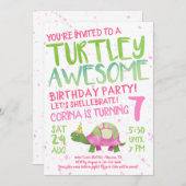Pink Turtle Tortoise Verjaardagsfeestuitnodiging Kaart (Voorkant / Achterkant)