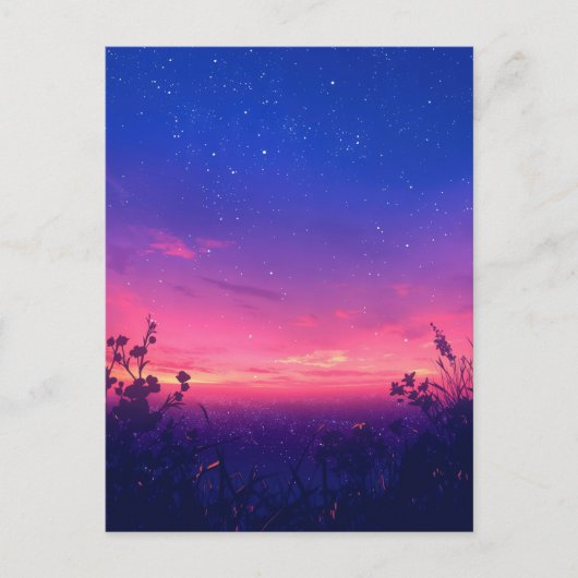 Pink Twilight Starry Night Meadow Briefkaart (Voorkant)