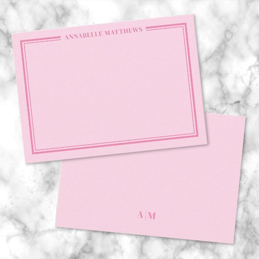 Pink Two Border Minimalist Name Monogram Notitiekaartje