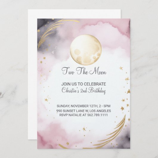 Pink Two The Moon 2e Invitation d'anniversaire (Devant / Derrière)