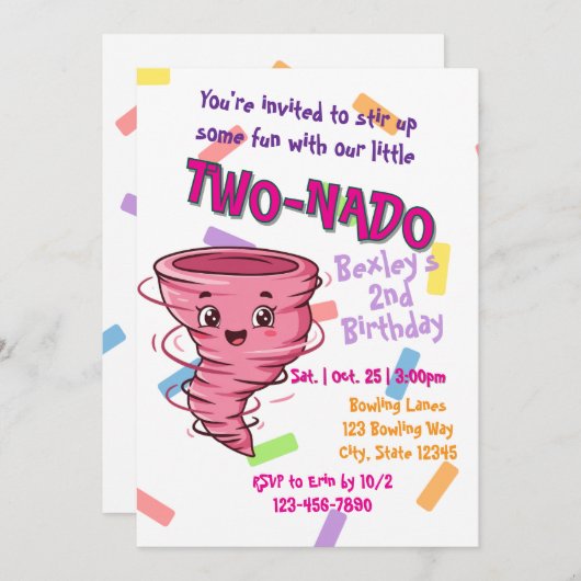 Pink TwoNado, 2nd birthday invitation Kaart (Voorkant / Achterkant)