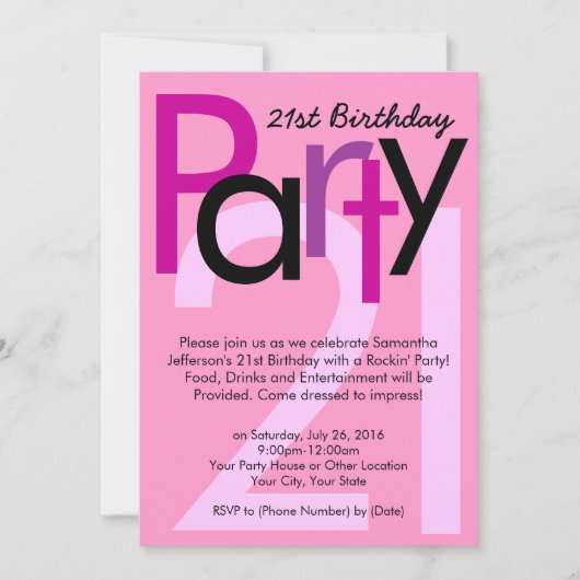 Pink Type 21st Birthday Party Invitation (Devant)