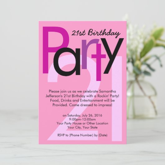 Pink Type 21st Birthday Party Invitation (Debout devant)