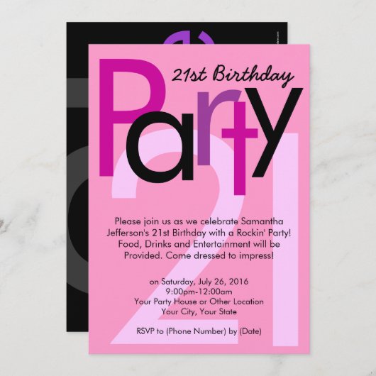 Pink Type 21st Birthday Party Invitation (Devant / Derrière)