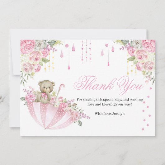 Pink Umbrella Teddy Bear Baby Sprinkle Hartelijk d Bedankkaart (Voorkant)