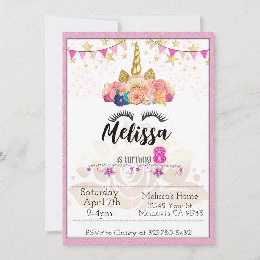 Pink Unicorn 8 Anniversaire invitation (Devant)