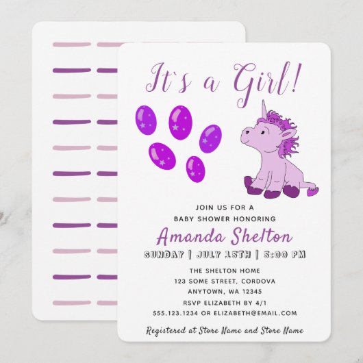 Pink Unicorn Baby Girl Shower Invitation Card (Devant / Derrière)