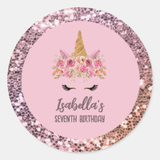 Pink Unicorn Floral Glitter Birthday Party Ronde Sticker