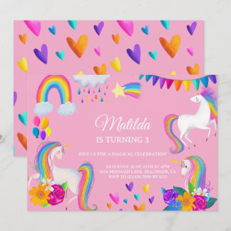 Pink Unicorn Rainbow Colorful Birthday Invitation Kaart