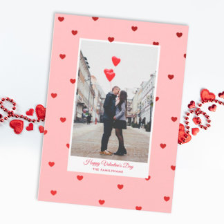Pink Valentine’s Day photo card with red hearts Kaart