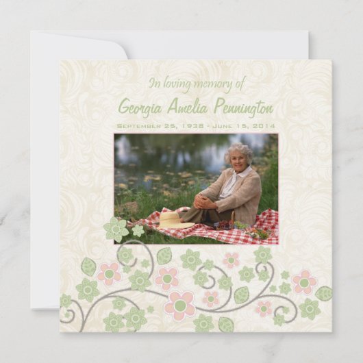 Pink vert floral en memoriam photo carte plat (Devant)