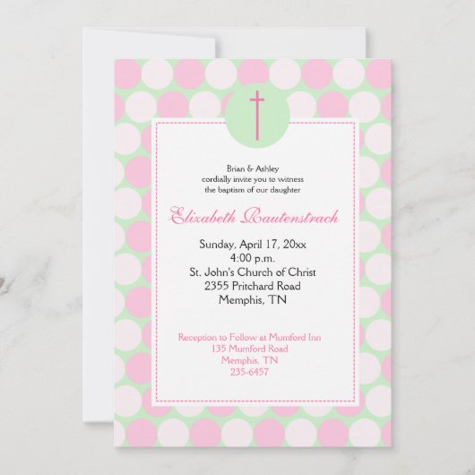 Pink / Vert Moderne Point Baptême Invitation (Devant)