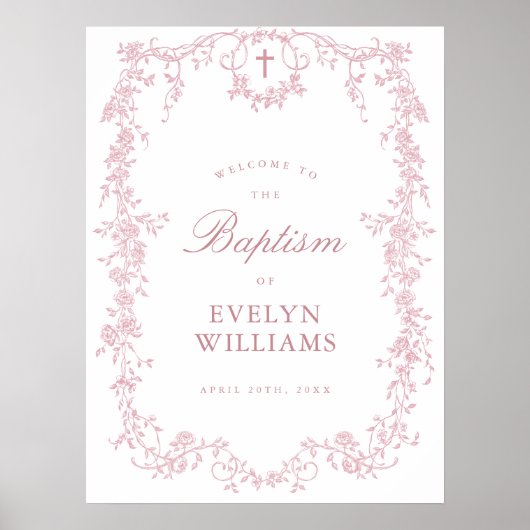 Pink Vintage Elegant Floral Baptism Welcome Poster (Devant)