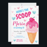 Pink Voici le scoop Kids Birthday Invitation<br><div class="desc">Faites de votre enfant un cadeau d'anniversaire extra-sucré avec notre Invitation d'anniversaire Pink "Here's the Scoop" pour enfants! Cette adorable invitation présente un thème amusant de crème glacée aux accents roses délicieux, parfait pour une fête d'été. Personnalisez avec les détails de la fête pour créer une invitation unique et mémorable....</div>
