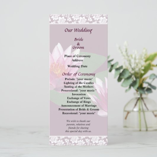 Pink Water Lilies Wedding Programme Programma (Staand voorkant)