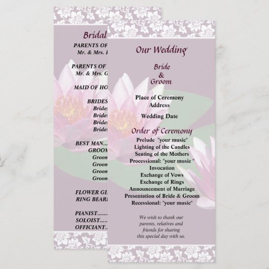 Pink Water Lys Programme de mariage (Devant / Derrière)