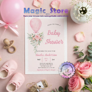 Pink Watercolor Balloon Floral Elegance BB Shower Kaart