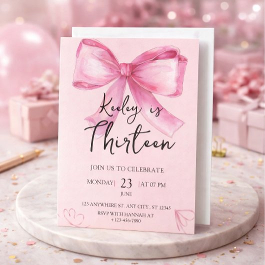 Pink Watercolor Bow Birthday Invitation