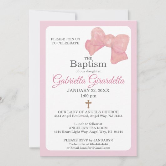 Pink Watercolor Bow & Cross Baptism Invitation (Devant)