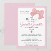 Pink Watercolor Bow & Cross Baptism Invitation (Devant / Derrière)