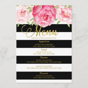 Pink Watercolor Floral Black Stripes Menu Mariage