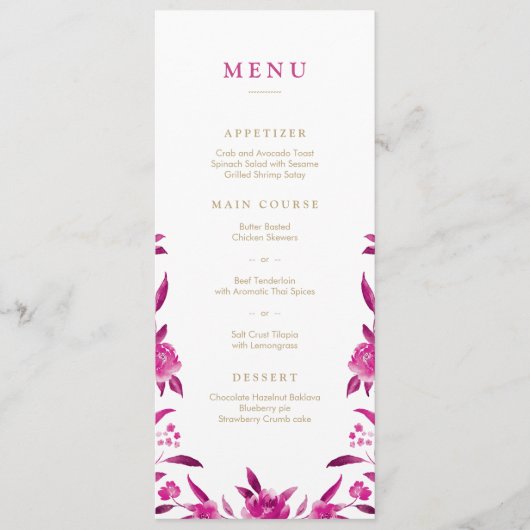 Pink Watercolor floral Chinoiserie menu Mariage (Devant)