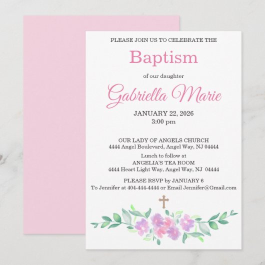 Pink Watercolor Floral Cross Baptism Invitation (Devant / Derrière)