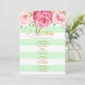 Pink Watercolor Floral Mint Stripes Menu Mariage (Debout devant)