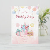 Pink Watercolor Invitation fête d'anniversaire (Debout devant)