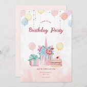 Pink Watercolor Invitation fête d'anniversaire (Devant / Derrière)