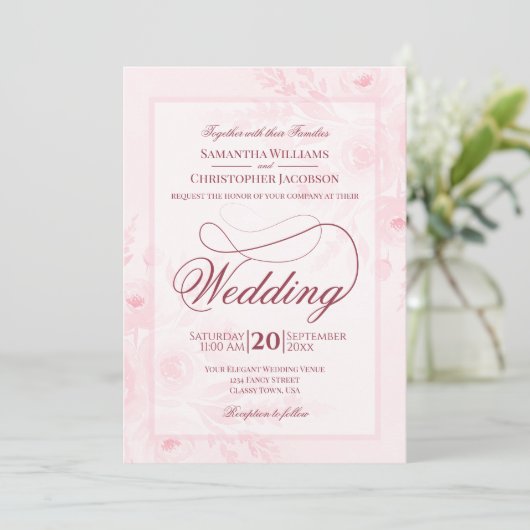Pink Watercolor Peonies Fancy Script Wedding Kaart (Staand voorkant)