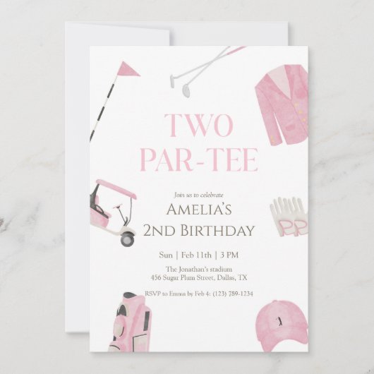 Pink Watercolor Preppy Golf Two Par-Tee Birthday Kaart (Voorkant)