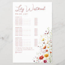 Pink Watercolor Wildflower Elegant Service Menu