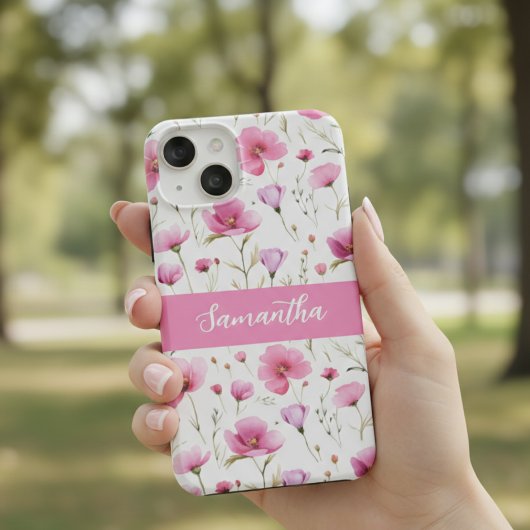 Pink Watercolor Wildflower Name Case-Mate iPhone Case