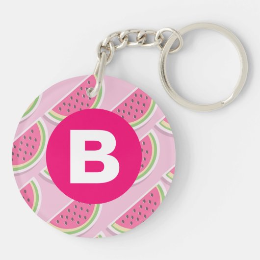 Pink Watermelon Pattern Circle Monogram Sleutelhanger (Achterkant)