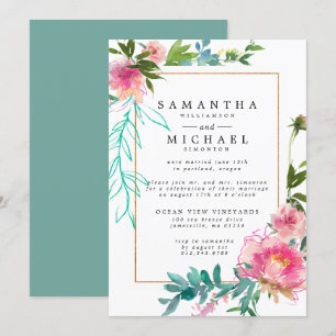 Pink Waterverf Peony Floral Elopement Receptie Kaart
