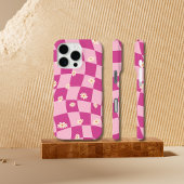 Pink Wavy Checkerboard Daisy iPhone 15 16 coque