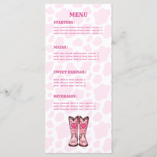 Pink Western Cow Print Rodeo Style Flat Menu (Devant)