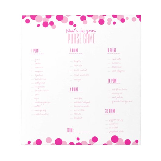 Pink What's in Your Purse Bridal Game Bloc-notes (Devant)