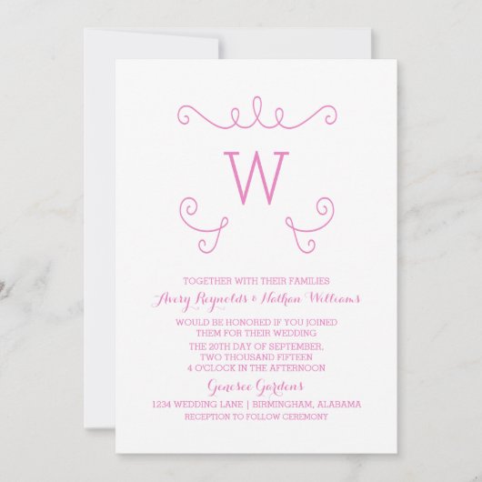 Pink Whimsical Flourish Monogram Wedding Invite Kaart (Voorkant)